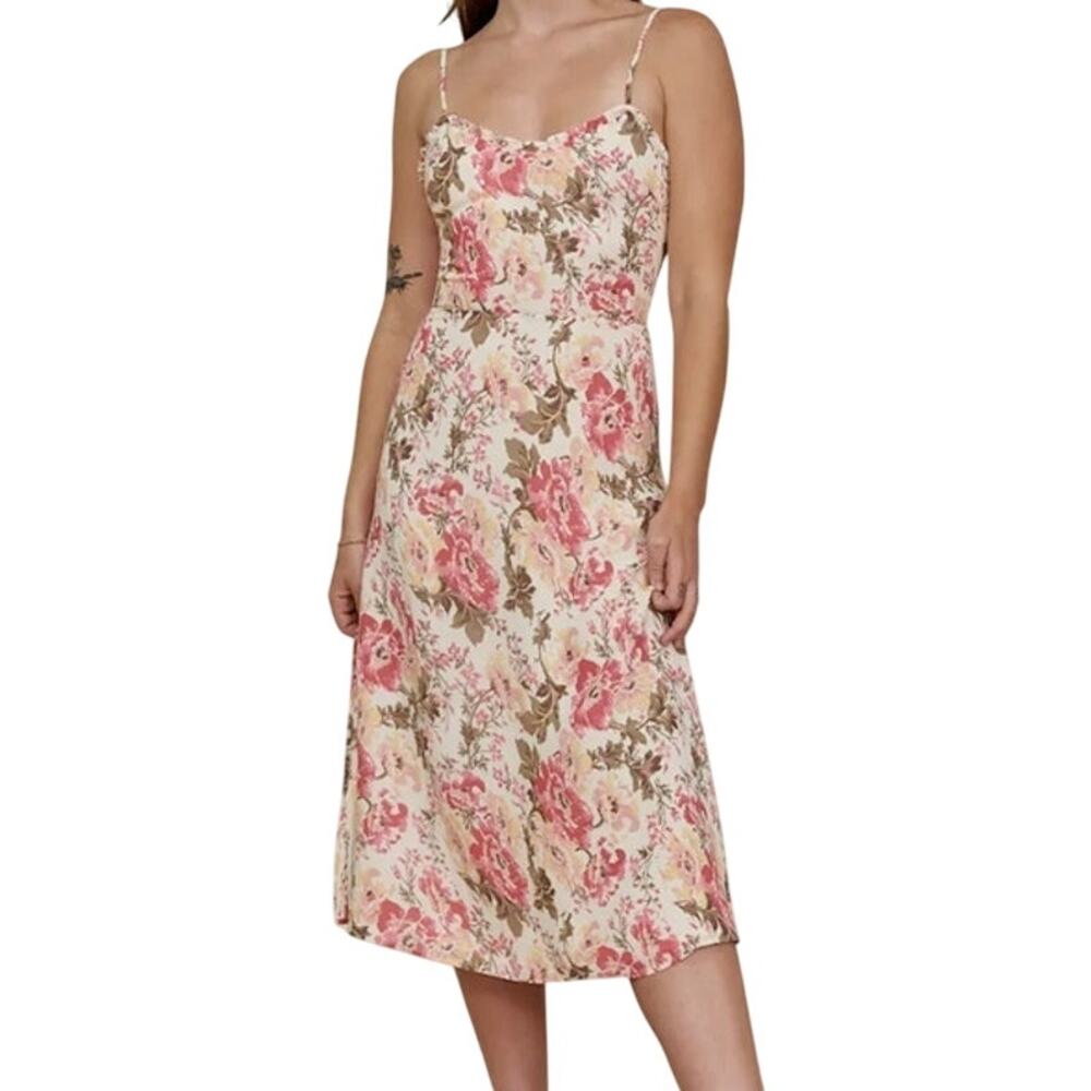 Reformation Cassandra Pink Rose Floral Midi Slit Dress 0 Wedding Guest Cream